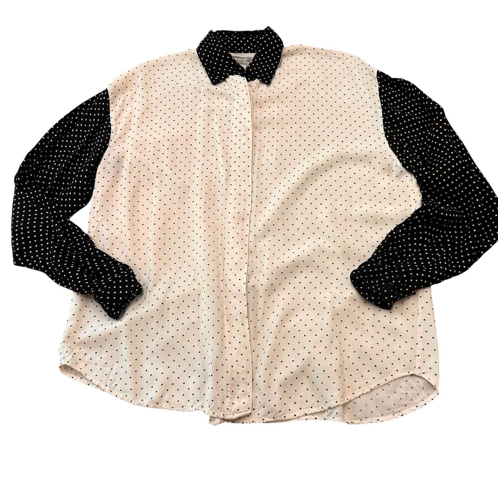 Vintage 90s SORREL Rayon Polka Dot Blouse Black White Oversized Medium -